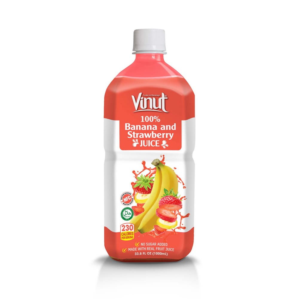 VINUT 100 % banaani- ja mansikkatäysmehu, NFC, ei lisättyä sokeria, PET-pullo, 33,8 fl oz 1000 mL